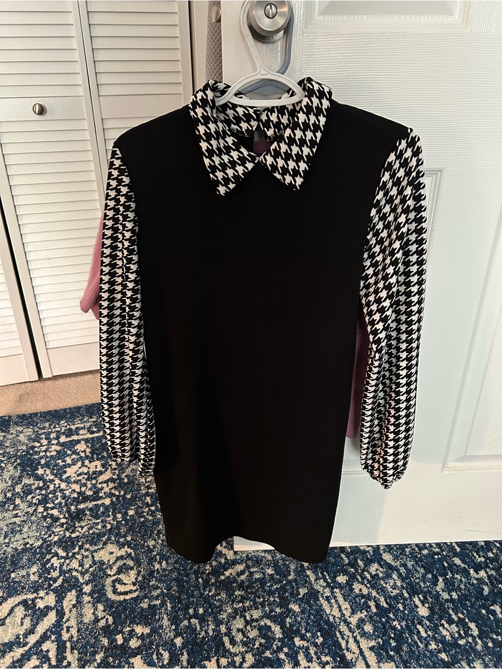 Black Dress with Houndstooth Collar & Sleeves